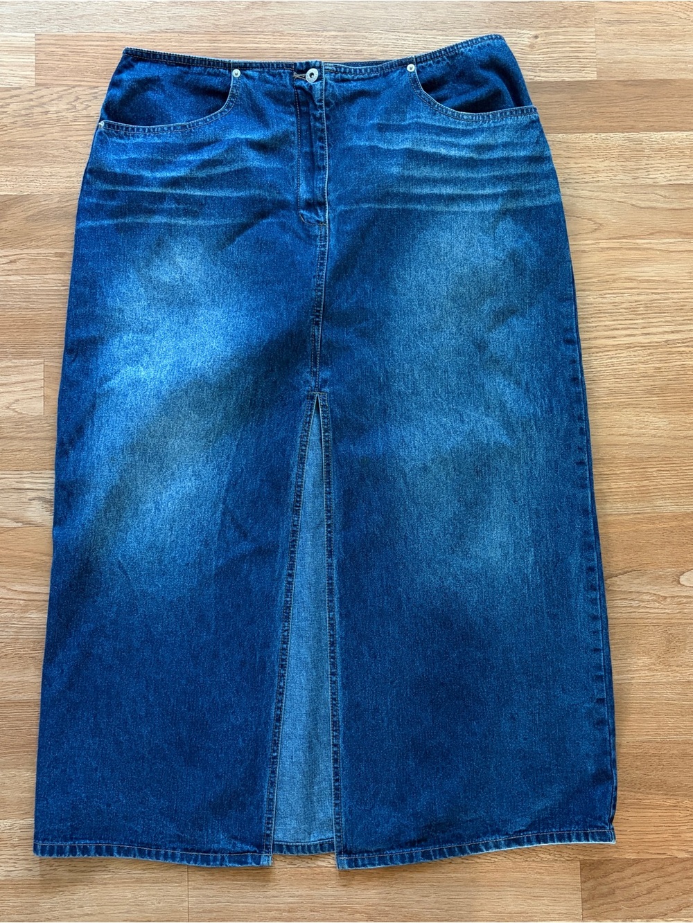 Y2K Dark Blue Denim Maxi Skirt with Front Slit